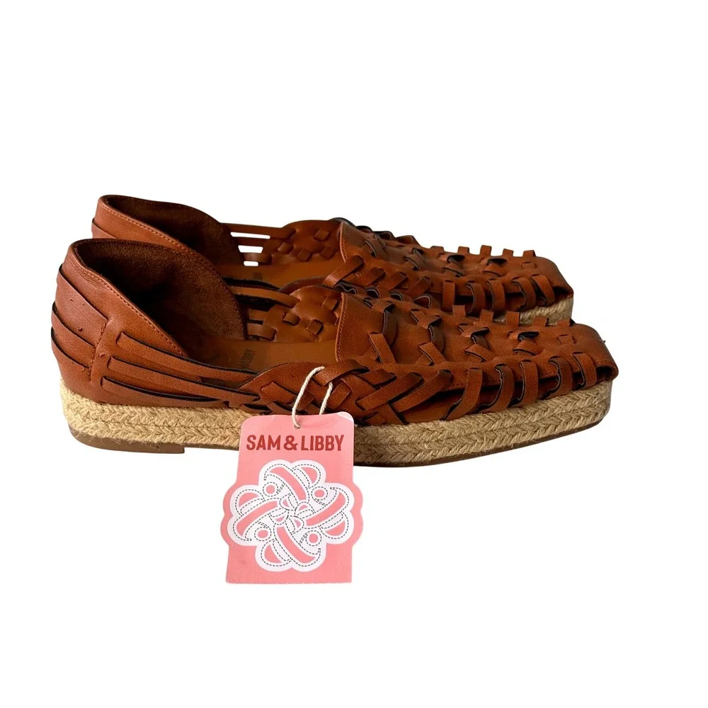 Sam & Libby Asha Espadrille Saddle Brown Woven Huarache Flat Square Toe 7.5 NEW